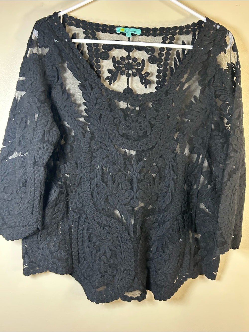 My Emblem Black Lace Mesh Overlay Blouse Top Crochet Embroidered Size L - Picture 3 of 5